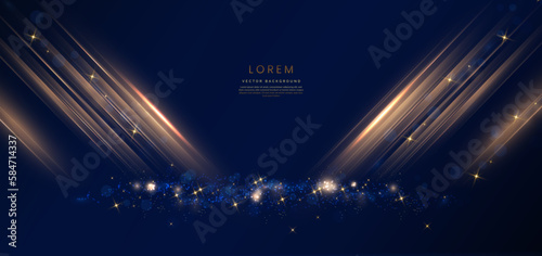 Elegant golden stage diagonal glowing with lighting effect sparkle on dark blue background. Template premium award design.