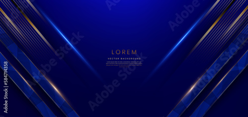 Abstract elegant dark blue background with golden line and lighting effect sparkle. Luxury template award design.
