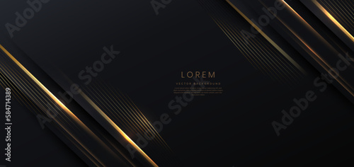 Abstract elegant black background with golden line and lighting effect sparkle. Luxury template award design.