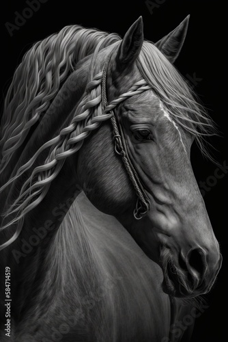 Generative ai black and white horse with braids isolated