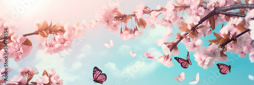 Sakura Serenity: A Delicate Background of Cherry Blossom Branches and Butterflies. Generative AI.