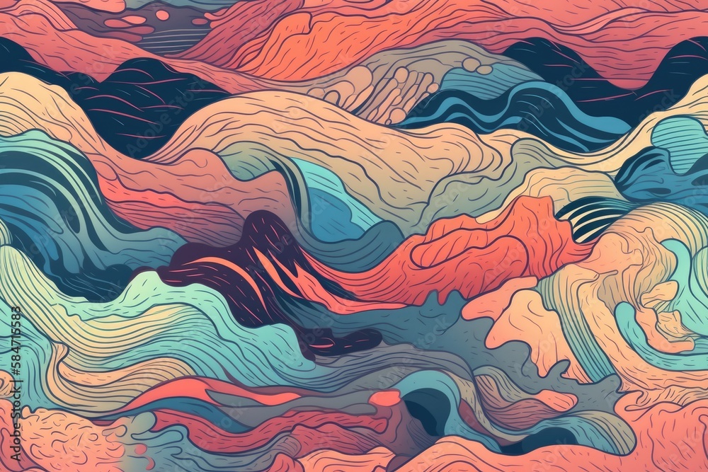Illustration of a stylised, wavy background with wet, greasy color. abstract hills, lines, and waves. artistic background texture Ice cream texture with color. Generative AI