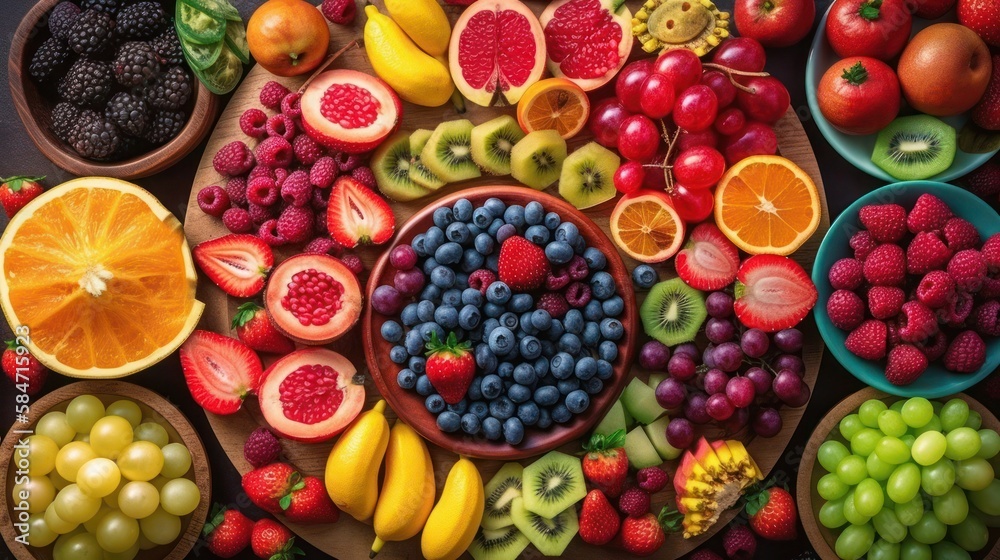 Assortment of healthy raw fruits and berries, generative ai Assortment of healthy raw fruits and berries, generative ai