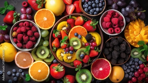 Assortment of healthy raw fruits and berries  generative ai