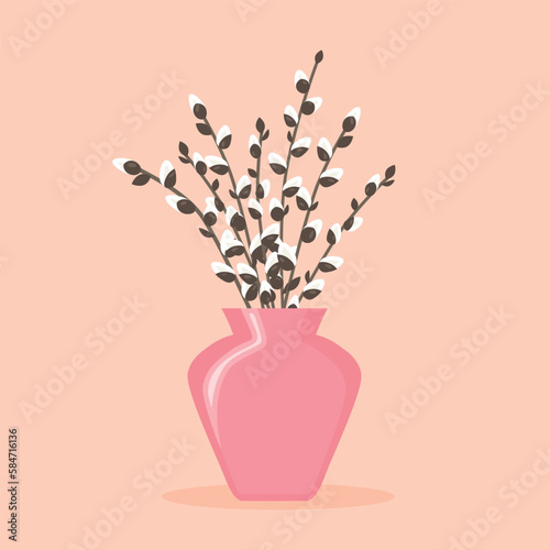 bunch of spring, easter pussy willow branches in a vase- vector illustration