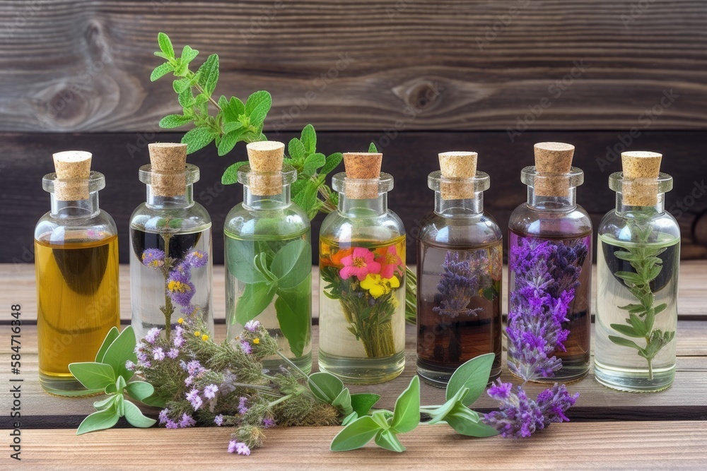 Holy basil blossom, basil flower, rosemary, oregano, sage, parsley, thyme, and mint are all shown in a bottle of essential oil on an antique wooden background. Generative AI Holy basil blossom, basil flower, rosemary, oregano, sage, parsley, thyme, and mint are all shown in a bottle of essential oil on an antique wooden background. Generative AI