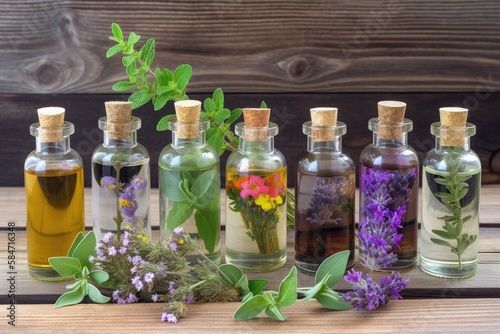 Holy basil blossom  basil flower  rosemary  oregano  sage  parsley  thyme  and mint are all shown in a bottle of essential oil on an antique wooden background. Generative AI