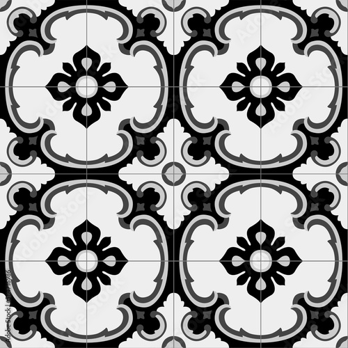 Ceramic tiles. Hydraulic ceramics with Portuguese and Spanish motifs. digital design. Floral decorative ornament in black and white. Portuguese and Spanish decoration. Vector illustration.