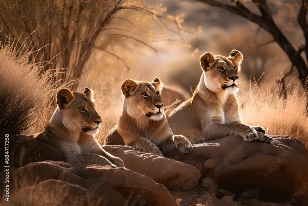 Lion pride relaxing in the Sahara Desert Animal illustrations