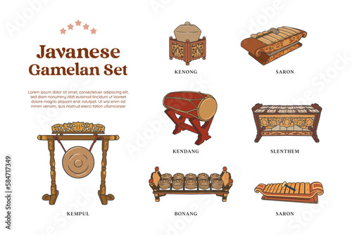 set of gamelan traditional music instrumental hand drawn illustration photo