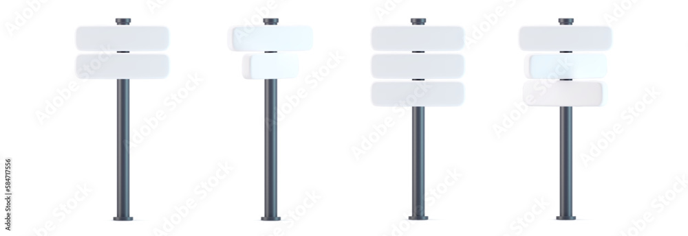 Naklejka premium 3d direction road sign icons set with shadow isolated on gray background. Render of template crossroad street sign to choose the right direction and street. 3d cartoon simple vector illustration