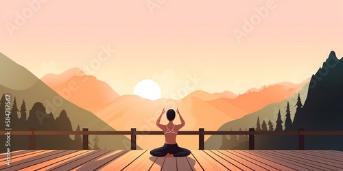 une femme de dos en train de faire du yoga devant un beau paysage naturel - generative ai