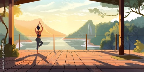 une femme de dos en train de faire du yoga devant un beau paysage naturel - generative ai