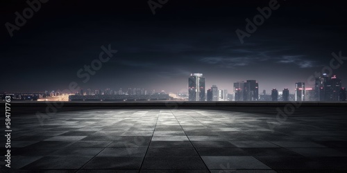Dark concrete floor foreground, night city skyline background