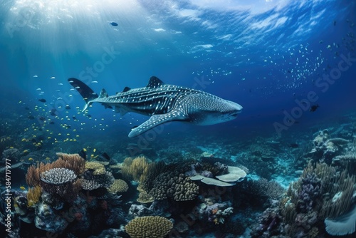 Whale shark visited a stunning coral reef with tropical fish in the central Pacific, as seen in the background of this panorama. Generative AI © AkuAku