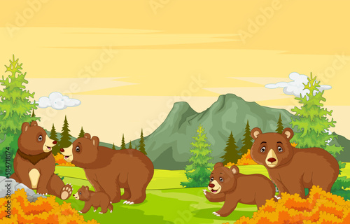 Family Of Bear Cartoon with Landscape Background