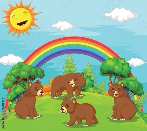 Fototapeta Naklejka Na Ścianę i Meble -  Family Of Bear Cartoon with Landscape Background