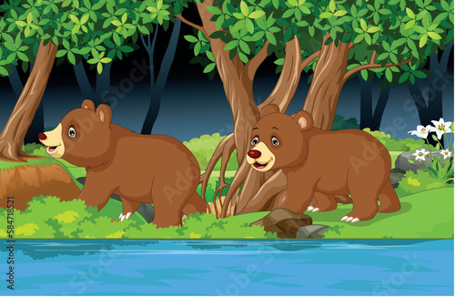 Couple Bear Cartoon Walking with Landscape Background