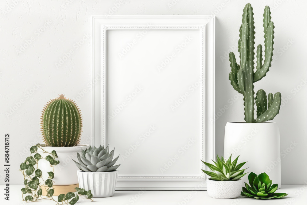Fototapeta premium White empty frame mockup with green plants on empty white neutral wall background. Generative AI.