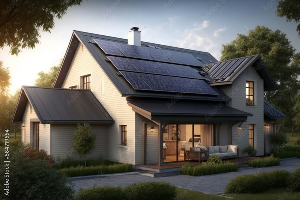 A home equipped with solar panels on its roof. AI