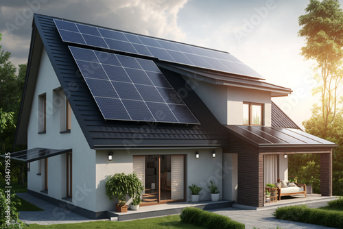 A home equipped with solar panels on its roof. AI