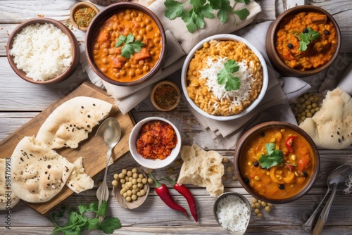 Indian food in several bowls on a background of white wood, top view. Indian food dishes and appetizers. Spices, paneer, chicken, lentils, curry rice, and chapati. Generative AI