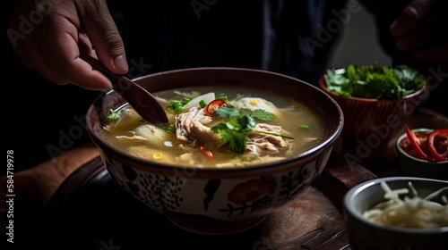 Chicken Soto or Soto Ayam in Indonesia. Soto ayam is a traditional Indonesian dish, Generative AI photo