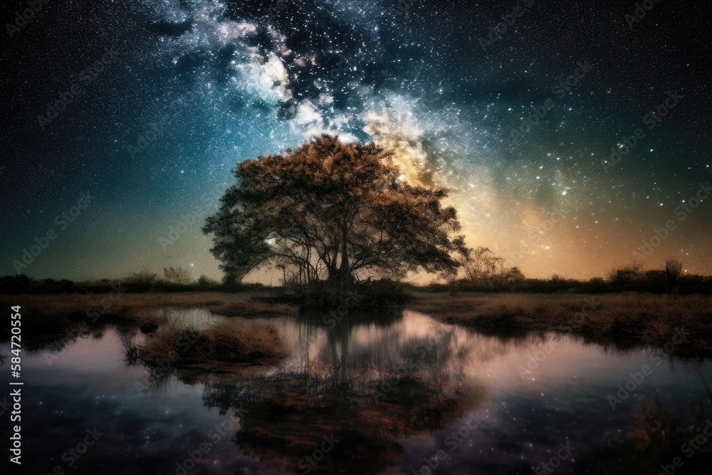 Milky Way galaxy in a panoramic space photograph against a background of stars in the night sky. The galaxy in which our Solar System is located is called the Milky Way. Generative AI