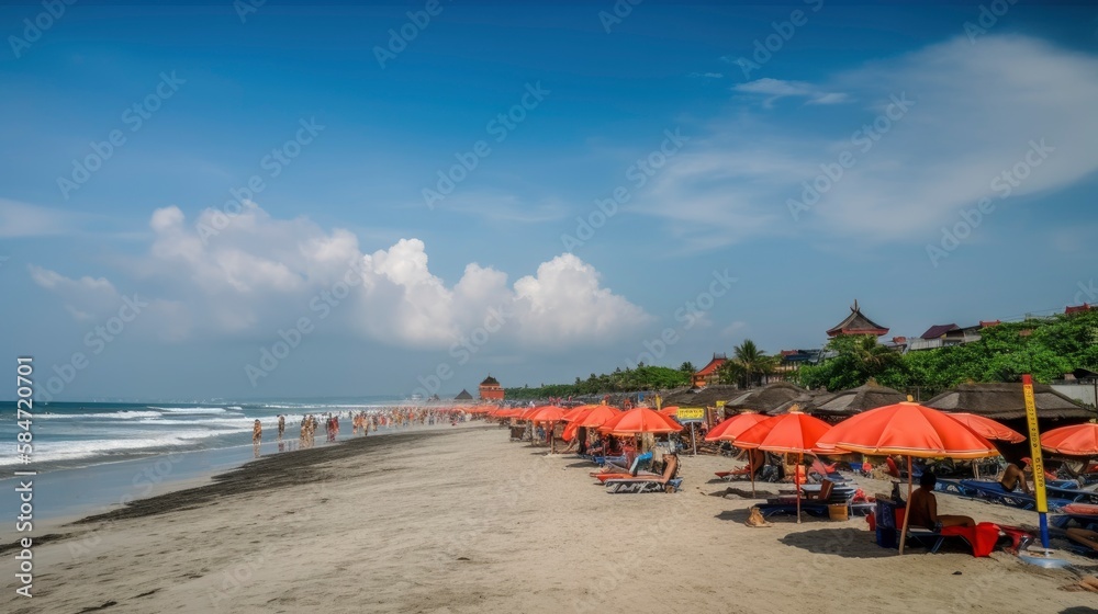 Kuta Beach , Indonesia , A large crowd of tourists enjoy summer on Kuta beach in Bali, Wonderful Indonesia, Generative AI Kuta Beach , Indonesia , A large crowd of tourists enjoy summer on Kuta beach in Bali, Wonderful Indonesia, Generative AI