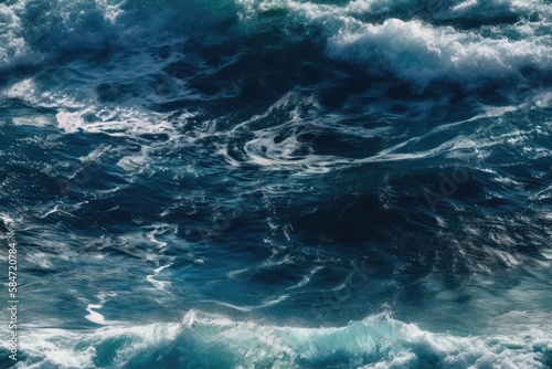 Pacific Ocean in the background, with waves splashing in a bright blue color and a foamy texture. abstract of sunlit ocean and ripped water waves. ocean's turbulence composition. unusual water structu