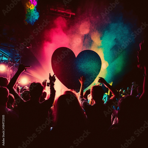 People dancing in a club, neon lighting, colorful love heart shape