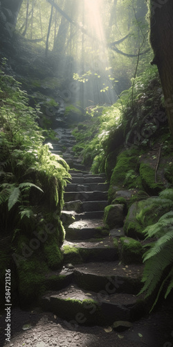  Stone steps in forest path covered with shamrock  ray of sunlight picking through 