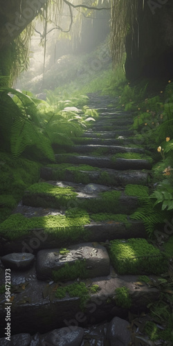 Stone steps in forest path covered with shamrock  ray of sunlight picking through 