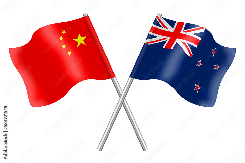 3D flags of China and New Zealand on white background 3D flags of China and New Zealand on white background