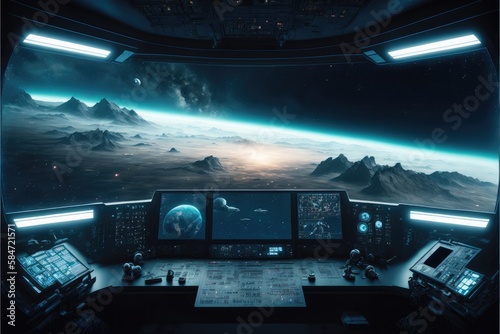 Fototapeta Naklejka Na Ścianę i Meble -  Outer view of spaceship window with control system room. Abstract discover new planet in space. Finest generative AI.