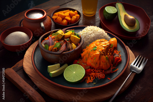 Colombian dish with rice, meat and lime, Bocachico from monteria. Colombian cuisine photo