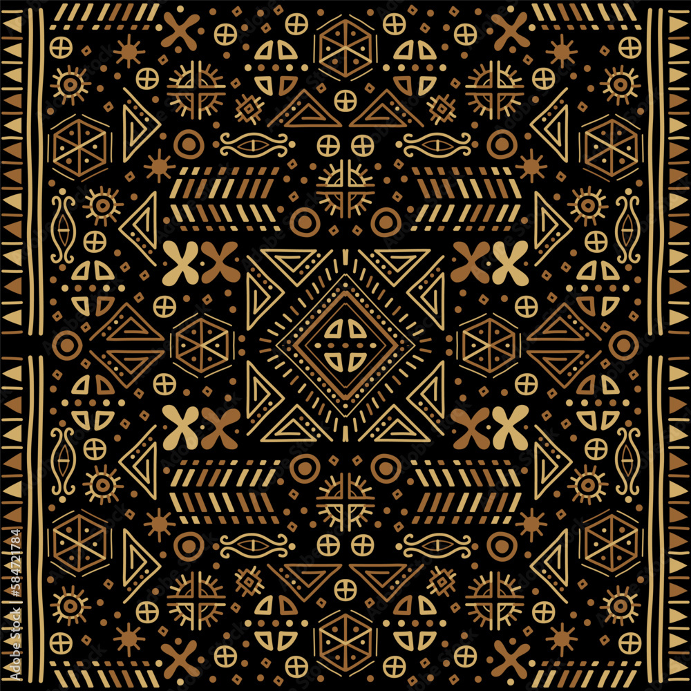 Geometric ethnic backdrop. Bright orange and black art decoration illustration. Vector tribal cover background, decorative african seamless,