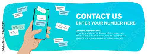 Contact us section in a banner web format. Hand holding a smartphone with chat concept in the screen. Vector illustration. Flat colors.
