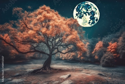 Beautiful autumnal fantasy with a full moon, a maple tree in the fall, and the Milky Way as the background. vintage toned artwork in a retro style. Generative AI