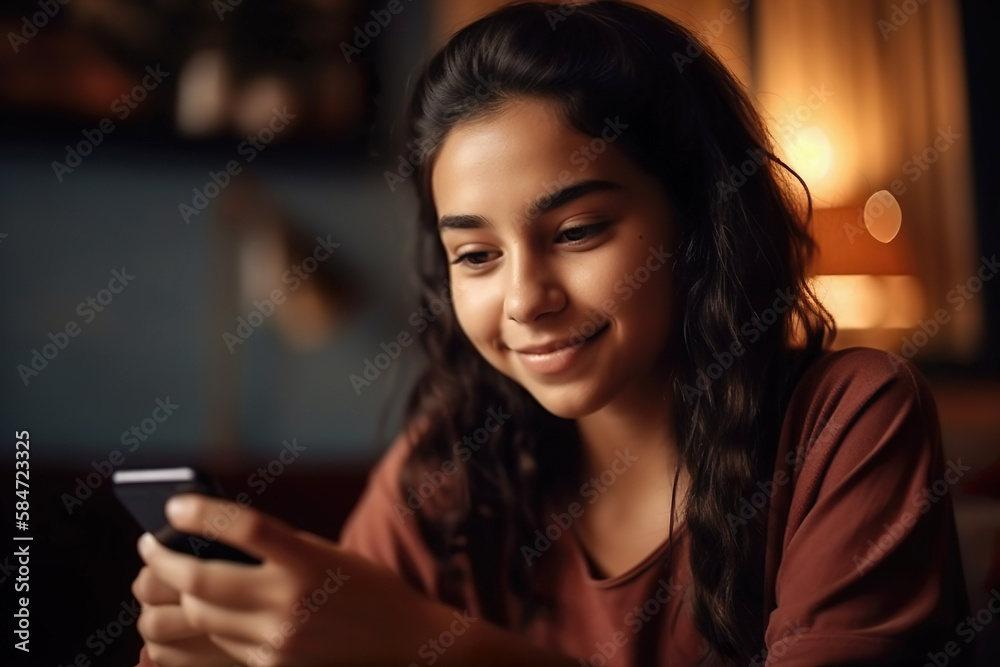 Happy young teenager girl checking social media on mobile phone ...