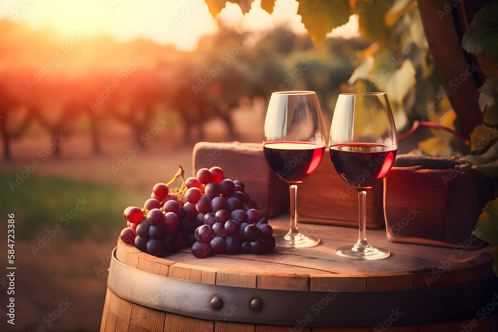 Two glasses of red wine with grapes and wooden barrel in a vineyard, Generative AI 1