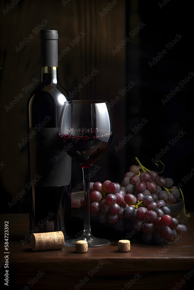 Glass of red wine with bottle and grapes on brown wooden background, Generative AI