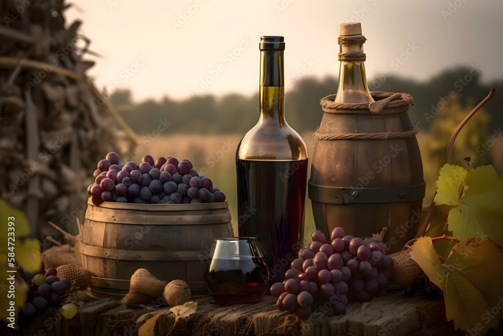 Red wine in bottles, in barrels, tasting glass, grapes on wooden table in vineyard, Generative AI 1