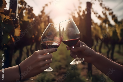 Glasses of red wine in human hands on the background of the vineyard, Generative AI 2 © Alina