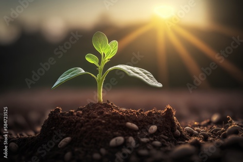 Young plant growing in the ground at sunrise, ecology concept