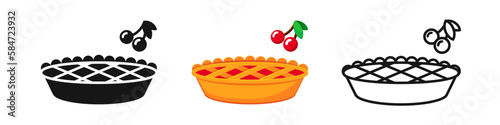 Baked cherry pie vector set. Pie with cherry filling, berry pie logo