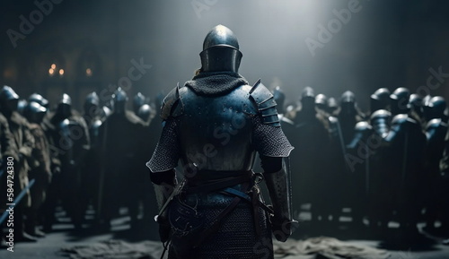 A Standing Armored Knight leads his troops to battle. Based on Generative Ai.