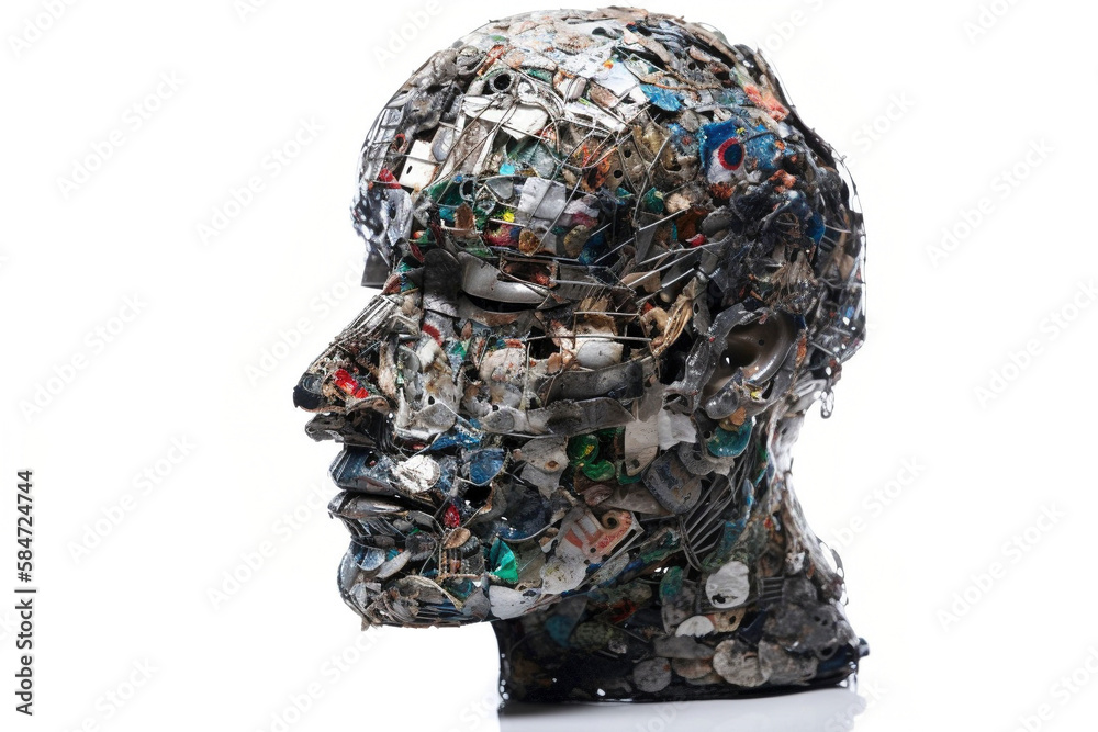 Human head made of garbage on the white background, created with generative AI