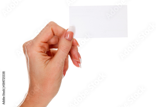 Female hand holding a blank business card, isolated on white background.