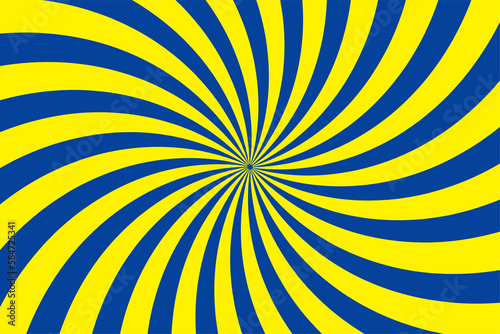 Blue, yellow spiral design illustration. Hypnotic swirl background, swirling radial pattern background. Illustration for swirl design. Illusion background.